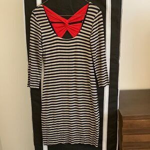 B44 Dressed, Gray/Black Stripe, 3/4 Sleeve Dress with Red Twist back detail.